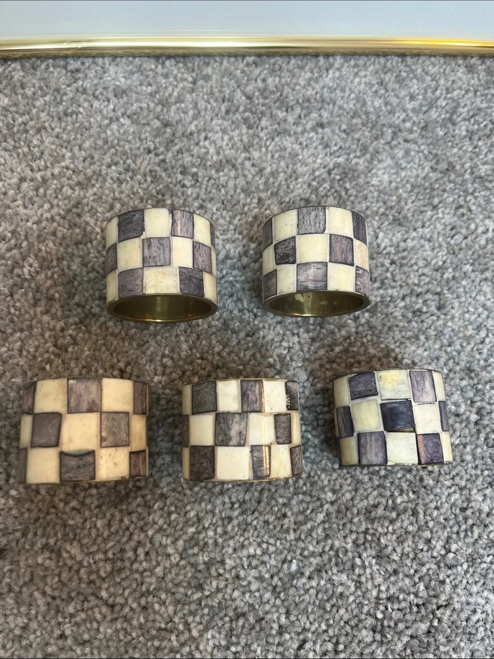 Checkerboard Napkin Rings Ivory and Gray Set of 5